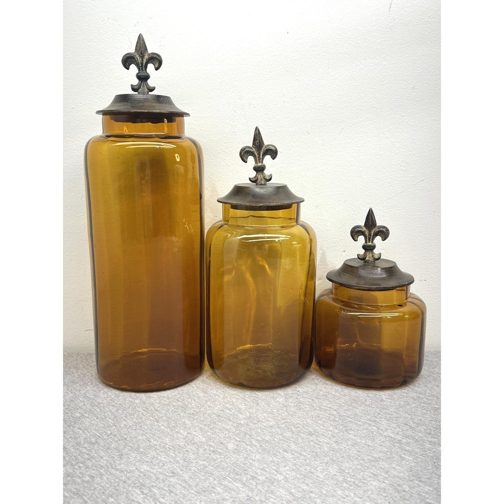 Amber Brown Glass Bottles Set 3 Fleur De Lis Lids Apothecary Canisters Unmarked - Picture 2 of 12